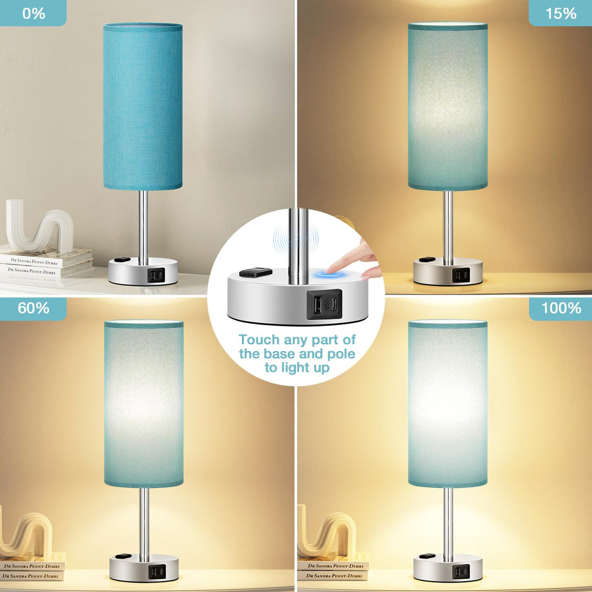 Fenmzee Bedside Table Lamp for Bedroom - Dimmable Touch, USB A+C, AC Outlet