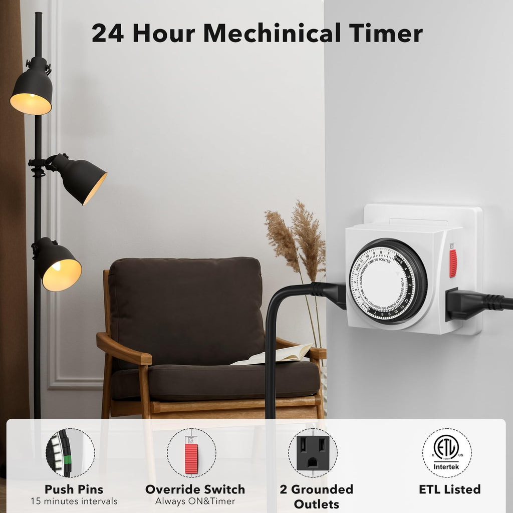 BN-LINK U47 Indoor Mini 24-Hour Mechanical Outlet Timer, 3-Prong, 2-Pack