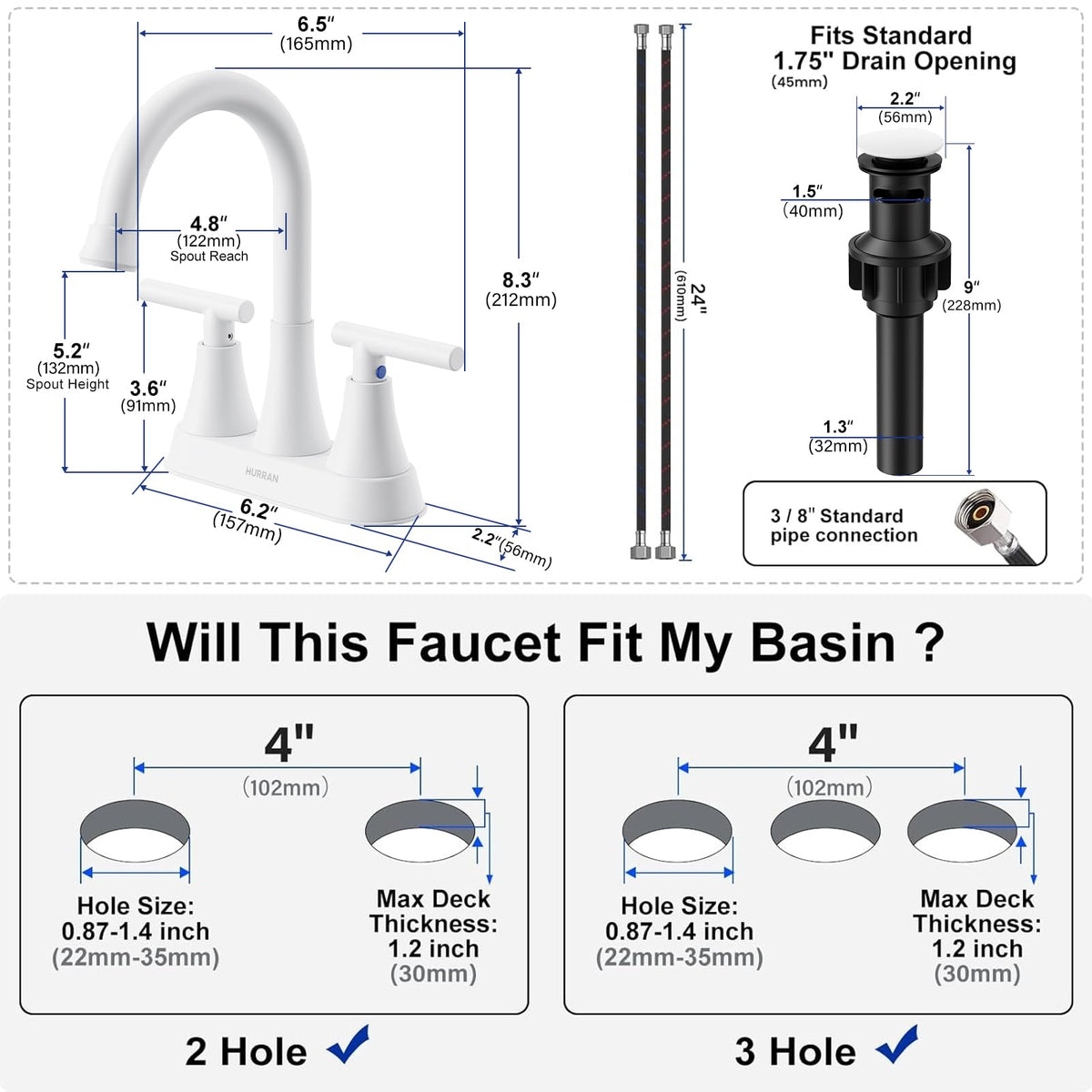Matte Black Bathroom Faucet, Hurran 4 inch Centerset 2-Handle Lead-Free
