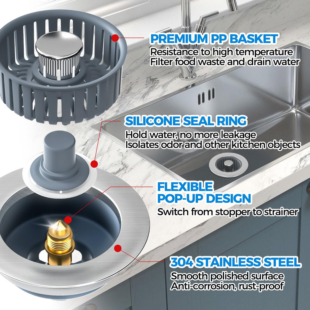 zaa 3 in 1 Kitchen Sink Drain Strainer Stopper Removable Basket Pop-Up