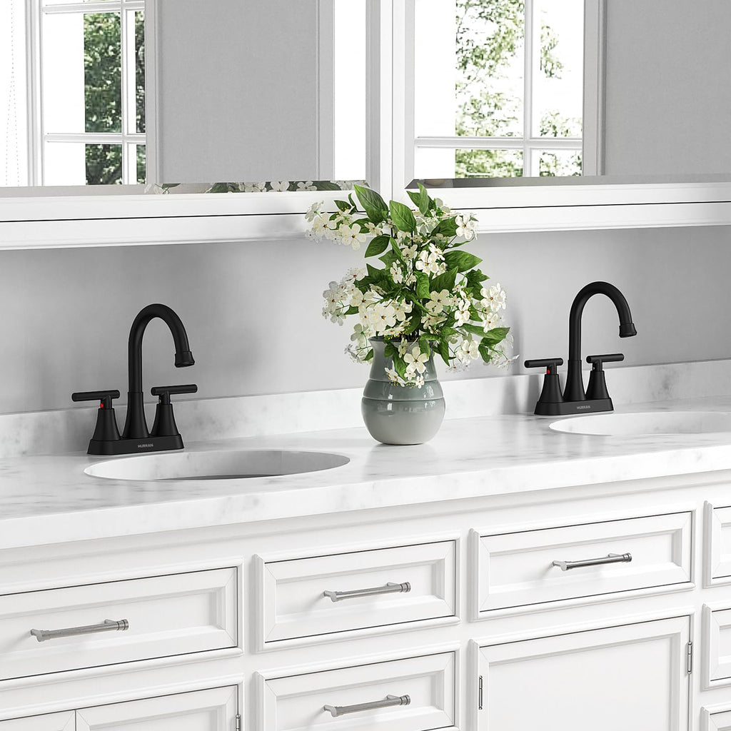 Matte Black Bathroom Faucet, Hurran 4 inch Centerset 2-Handle Lead-Free