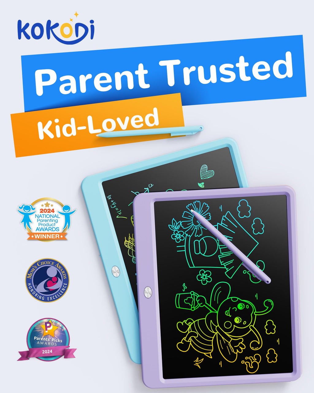KOKODI LCD Writing Tablet, 12 Inch Colorful Toddler Doodle Board Drawing Tablet, Erasable Reusable Electronic Drawing Pads, Educational and Learning Toy for 3-6 Years Old Boy and Girls(Blue)