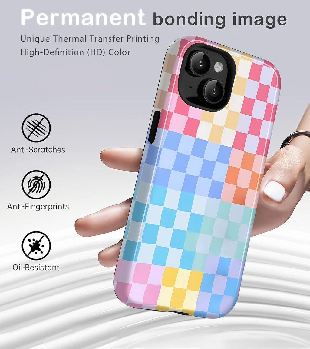 for iPhone 15 Cute Checkered Phone Case, Colorful