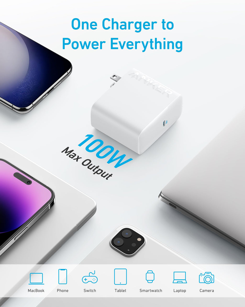 Anker Laptop Charger, Compact Foldable 100W USB C Charger with 5FT Cable