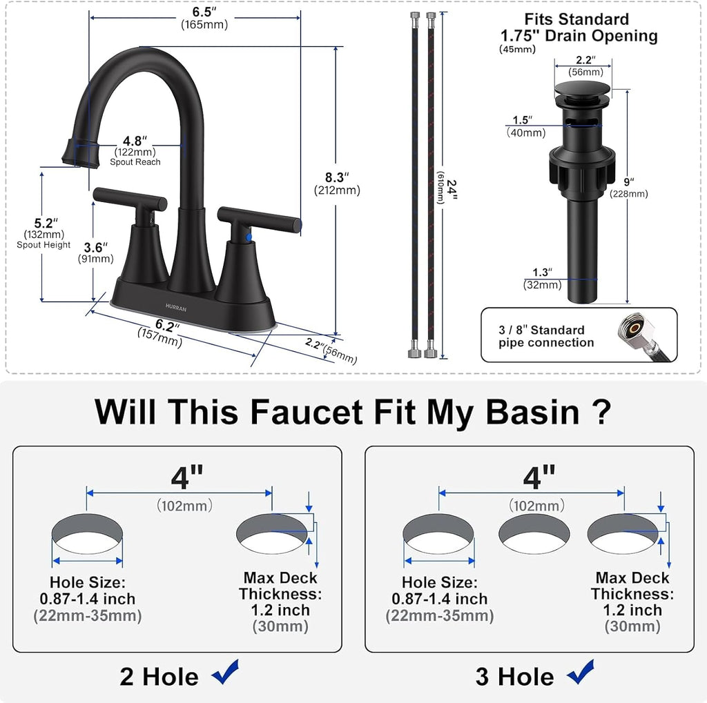 Matte Black Bathroom Faucet, Hurran 4 inch Centerset 2-Handle Lead-Free