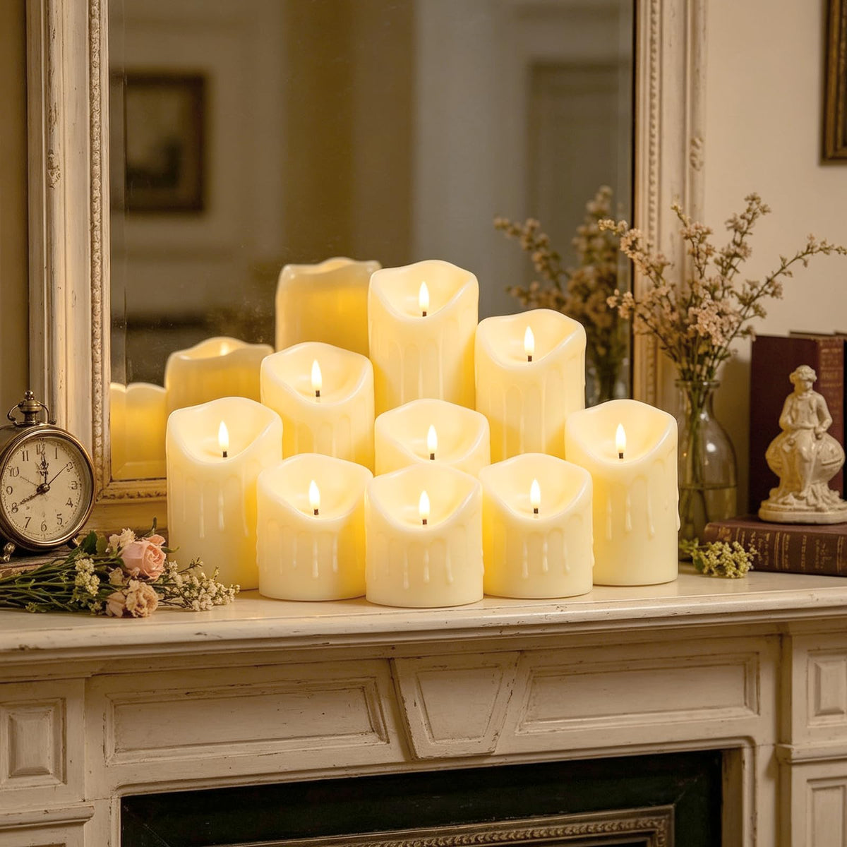 Nimiko Flameless Candles with Remote, Battery Operated Flickering Flameless Candles, LED Candles with Timer 2/4/6/8H, Realistic Drop Wax flameless Candle Set of 9 (D3 x H 3" 4" 5" 6" 7") (Black)