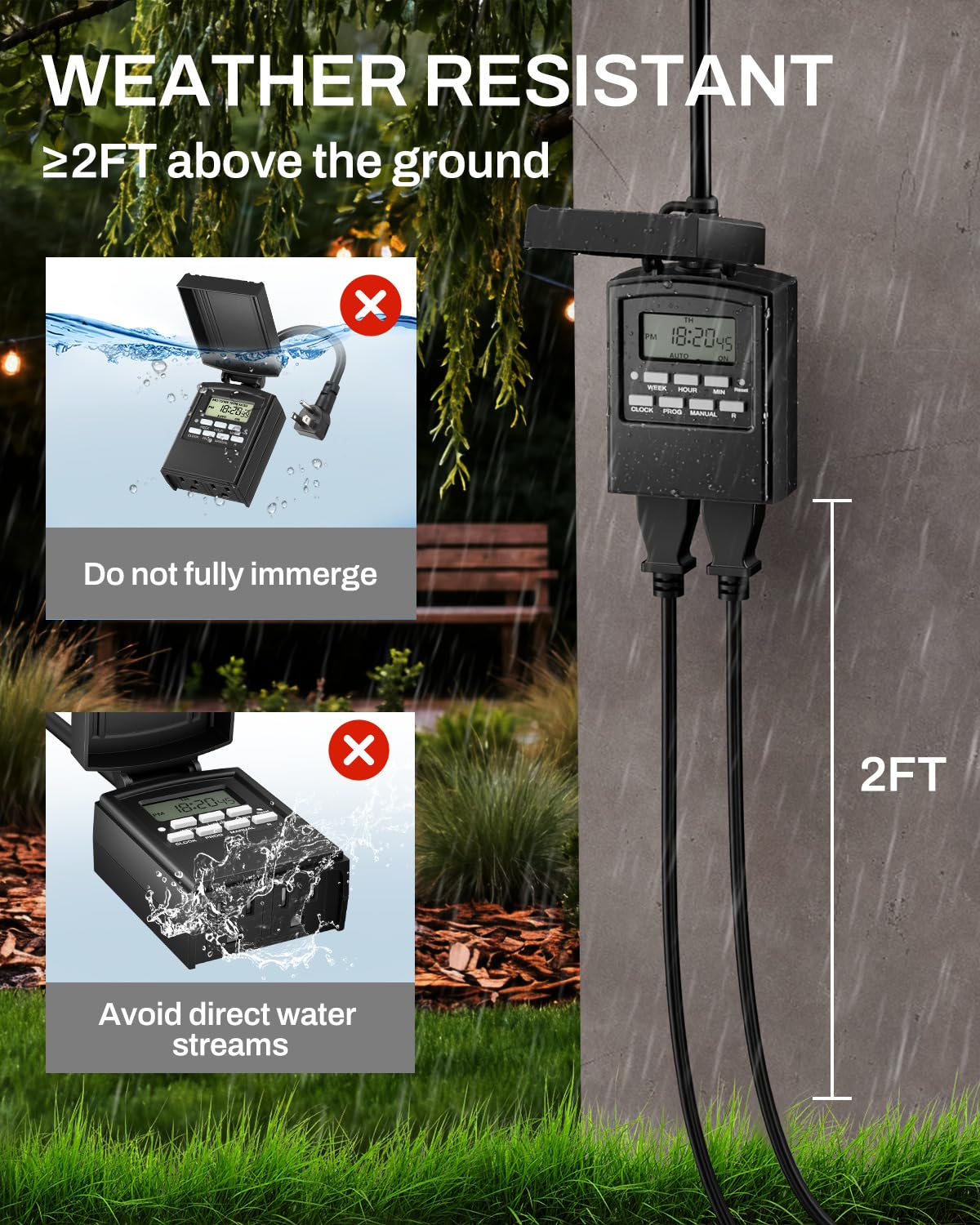 BN-LINK Outdoor 24-Hour Mechanical Timer Outlet, 2 Grounded Outlets