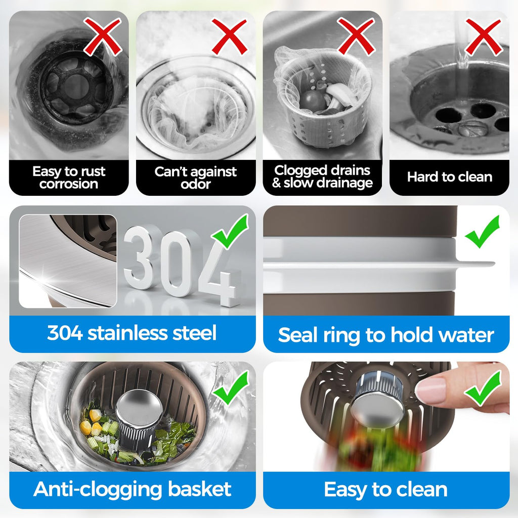 zaa 3 in 1 Kitchen Sink Drain Strainer Stopper Removable Basket Pop-Up