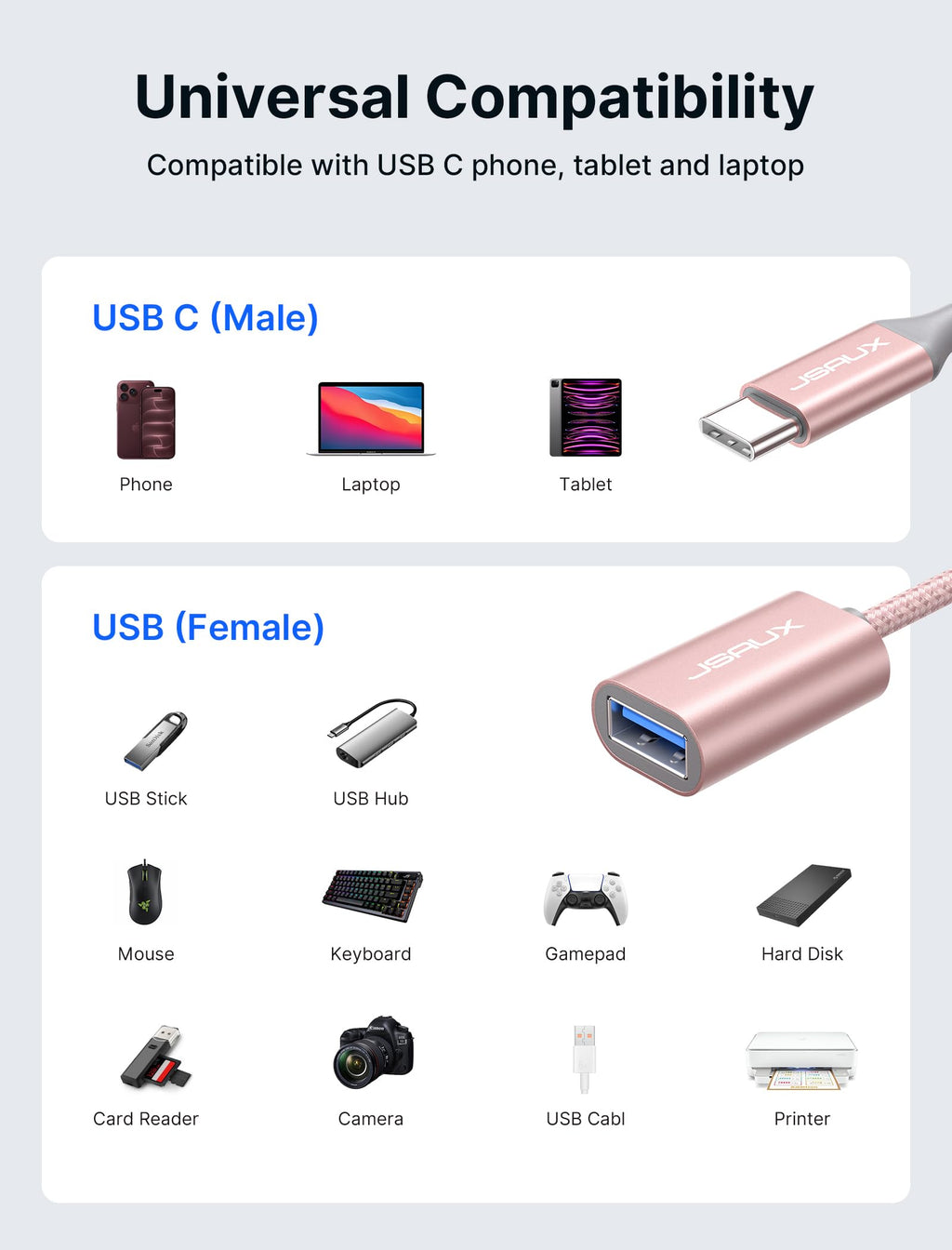 JSAUX USB C to USB 3.0 Adapter [2 Pack], USB C Male to USB Female OTG Cable Adapter Compatible with MacBook Pro/Air, iPhone 18 Pro Max/iPhone Duo‌/Air/17/16/15 Series, Samsung Galaxy S26/S25/S24-Red
