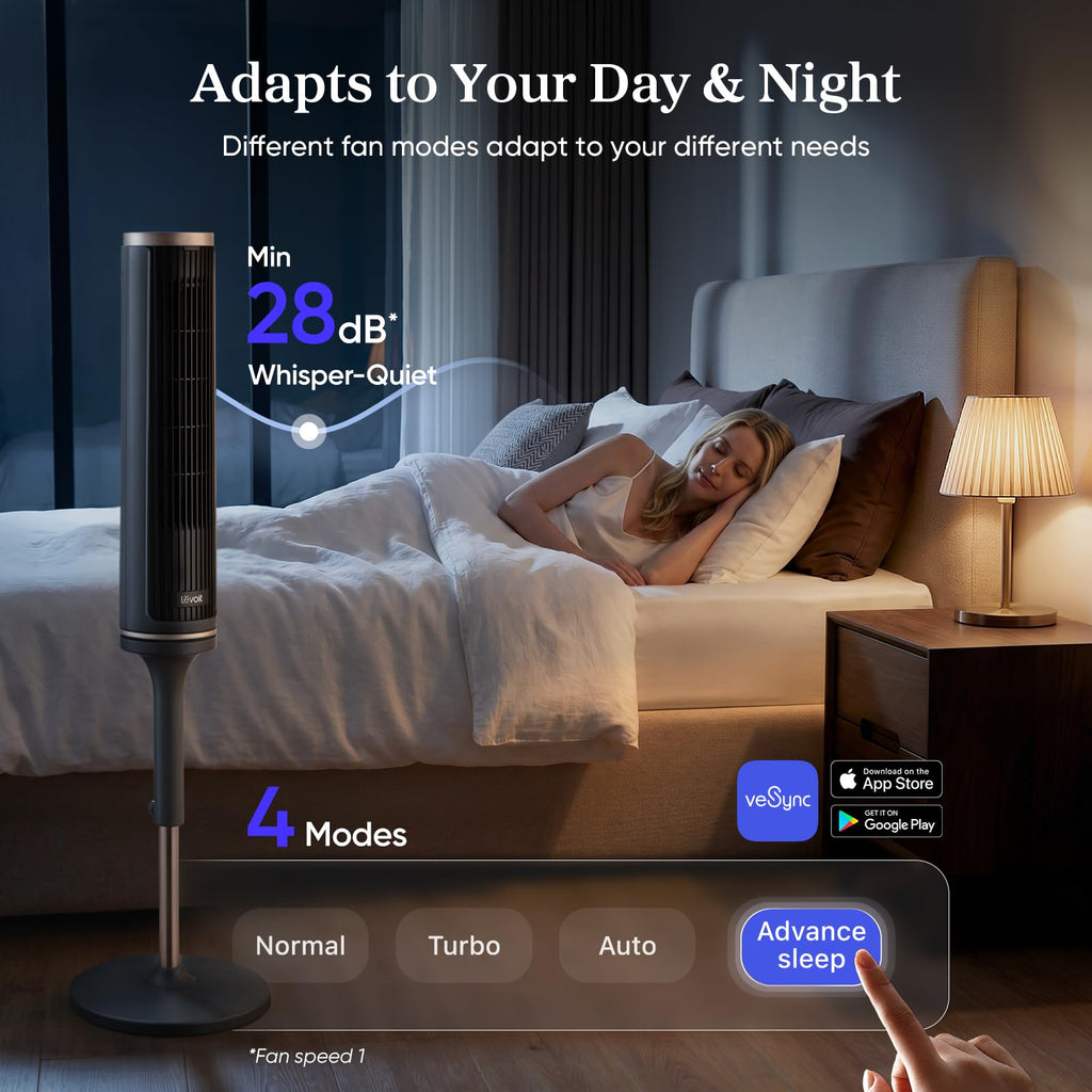 Levoit Tower Fan for Bedroom, 20dB Quiet Desk Fan, Easy to Carry & Plug-in