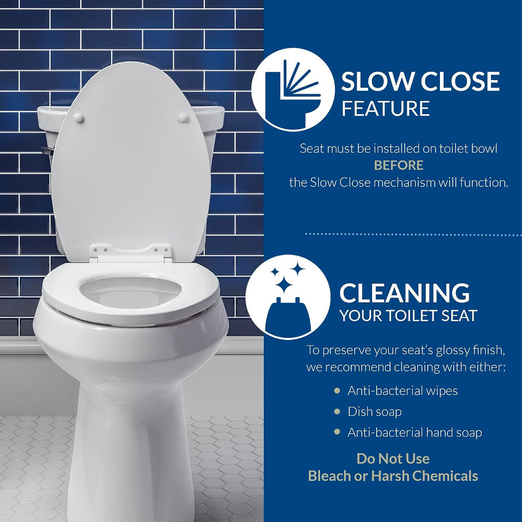 Mayfair Cassel slow close toilet seat, easy clean non-slip premium wood seat, install, made in USA, elongated, white