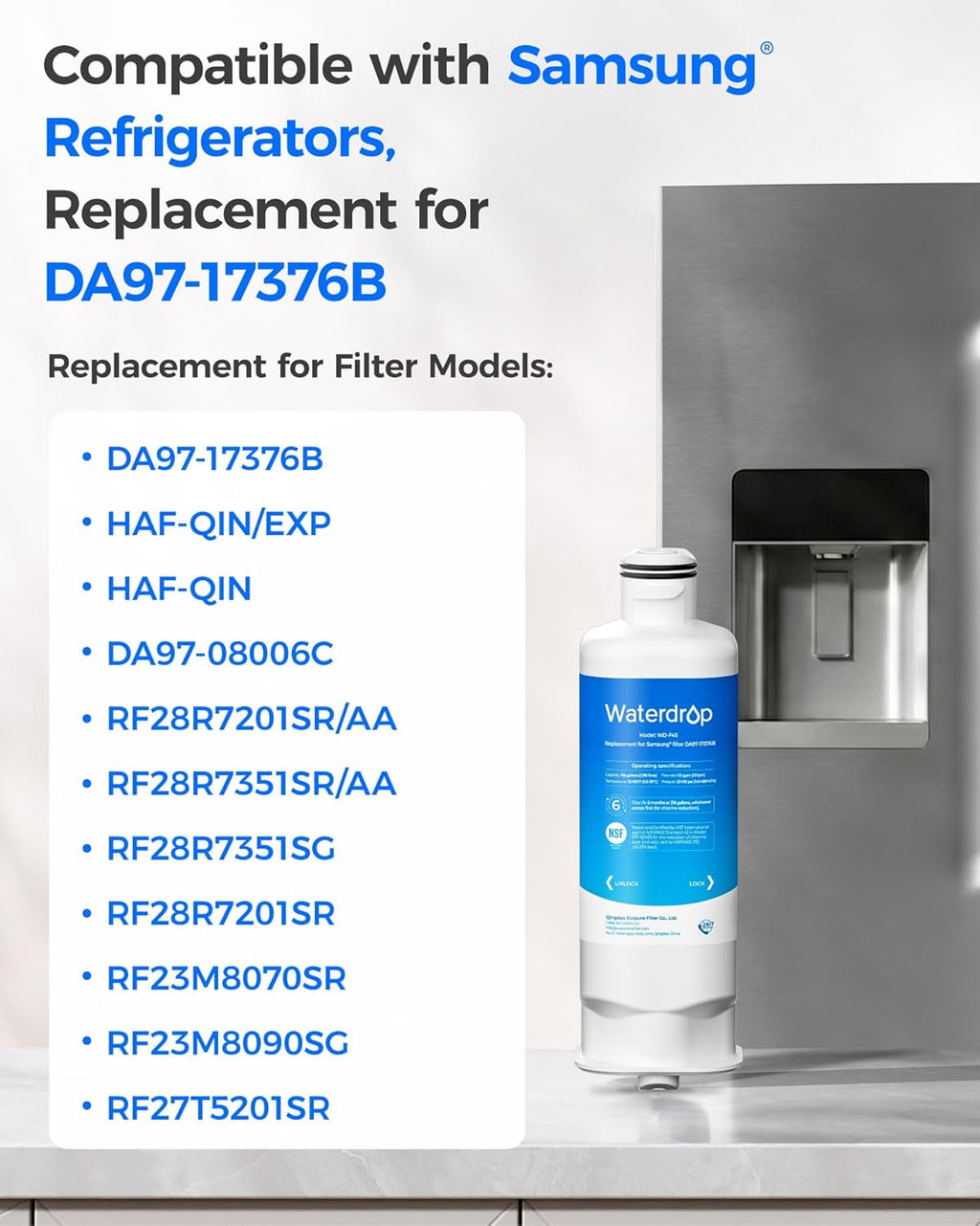 Waterdrop WD-F45 Water Filter, Replacement for Samsung® DA97-17376B, 3 Pack