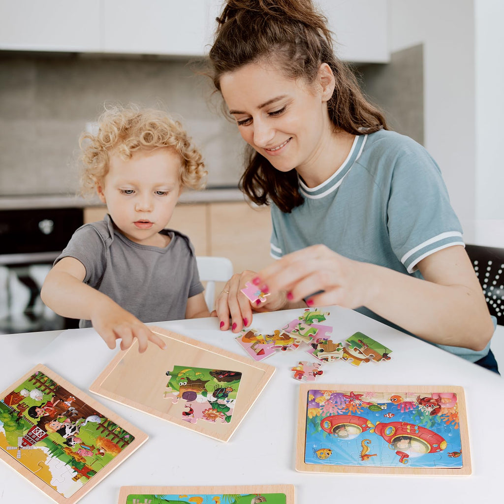 Wooden Educational Jigsaw Puzzles for Preschool Kids Ages 3-5, 4-Pack with 20 Pieces Dinosaur, Space, Transportation Wood Puzzles Set, Kids Brain Teaser Toys, Gifts for Boys Girls Ages 3 4 5 6