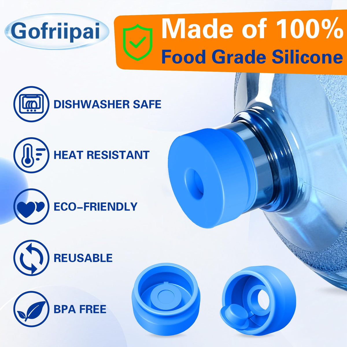 Gofriipai 3 and 5 Gallon Water Jug Cap, Reusable Silicone Bottle Lid Covers