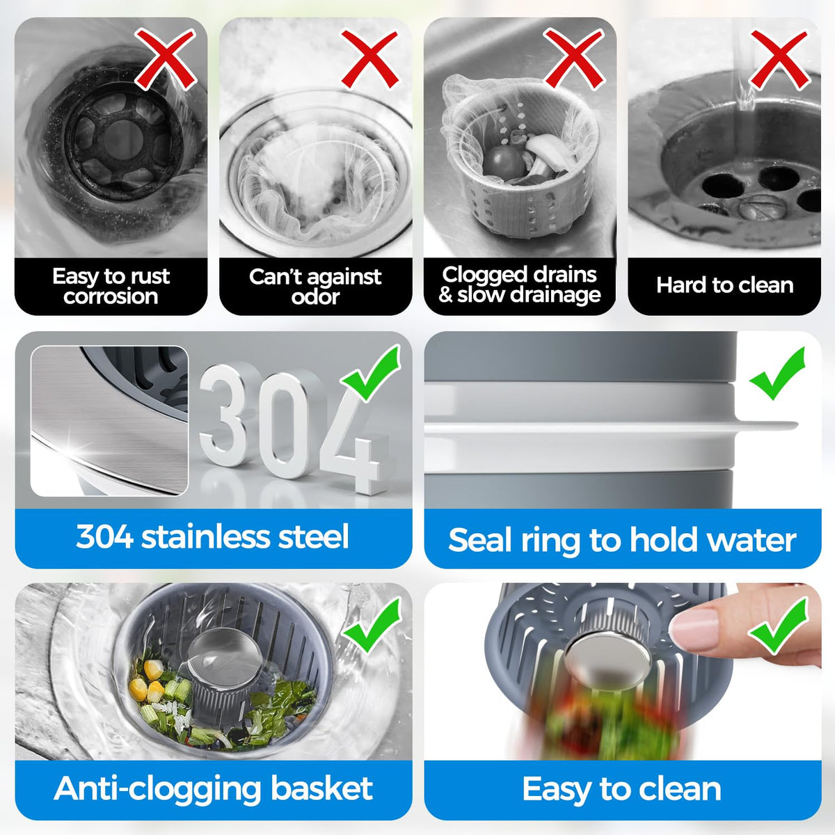 zaa 3 in 1 Kitchen Sink Drain Strainer Stopper Removable Basket Pop-Up