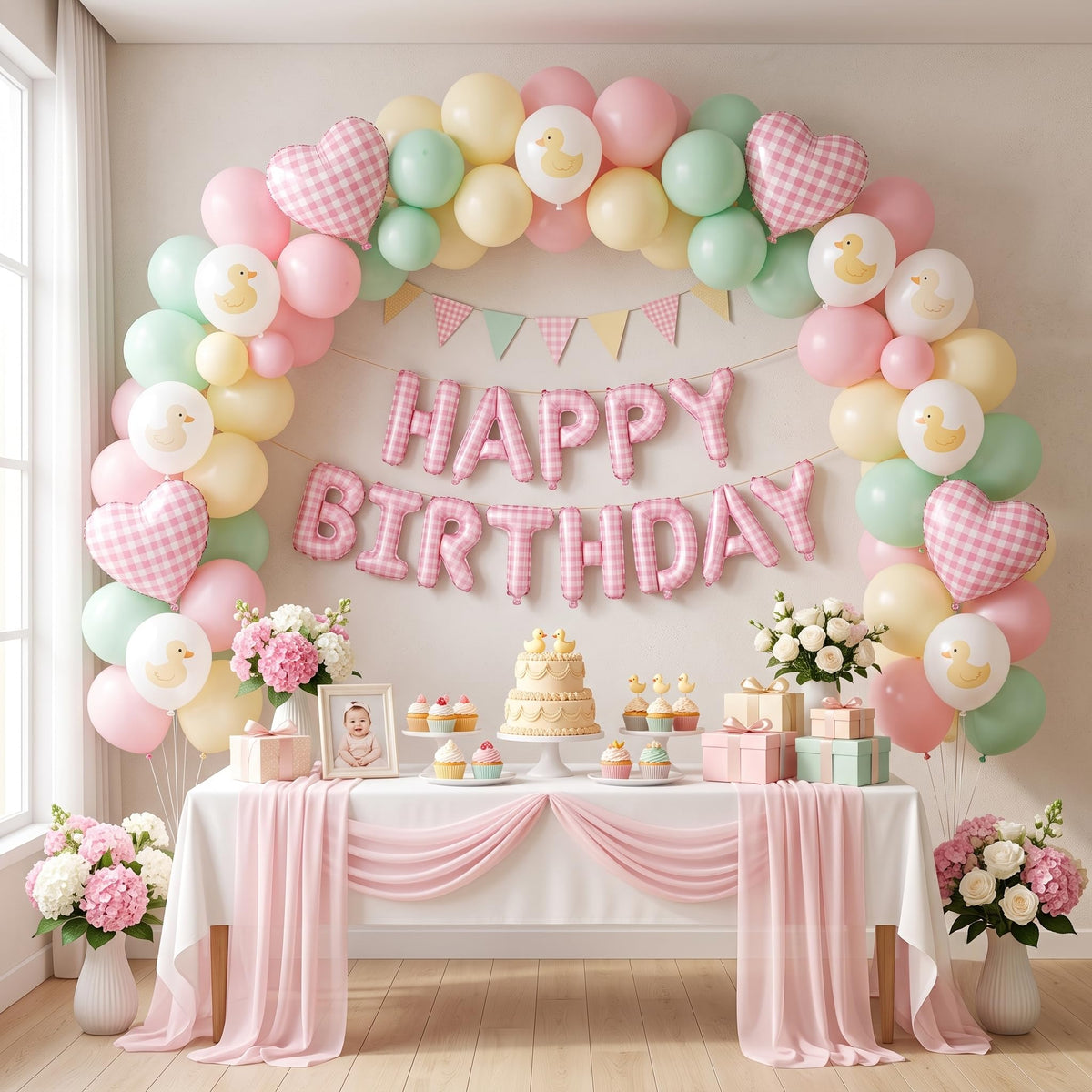 TONIFUL 16 Inch Yellow White Gingham Happy Birthday Foil Balloon