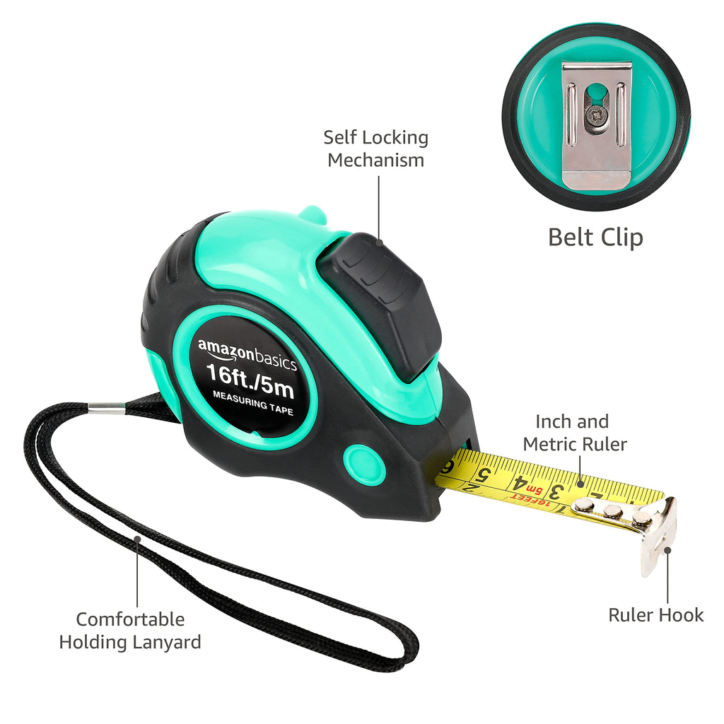 Amazon Basics Retractable Tape Measure with Metric and SAE Measurements, 16ft/5m, Belt Clip, Readable, Pink