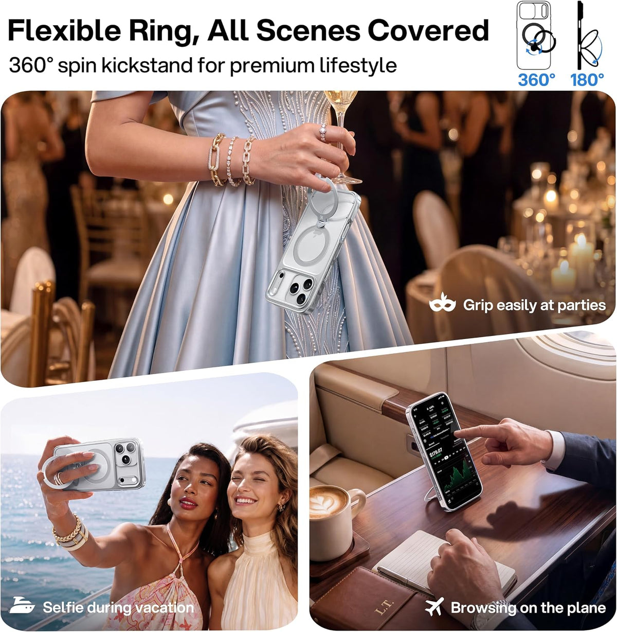 CASEKOO Glitter Clear for iPhone 18 Pro / 17 Pro Case, 360 Spin Stand