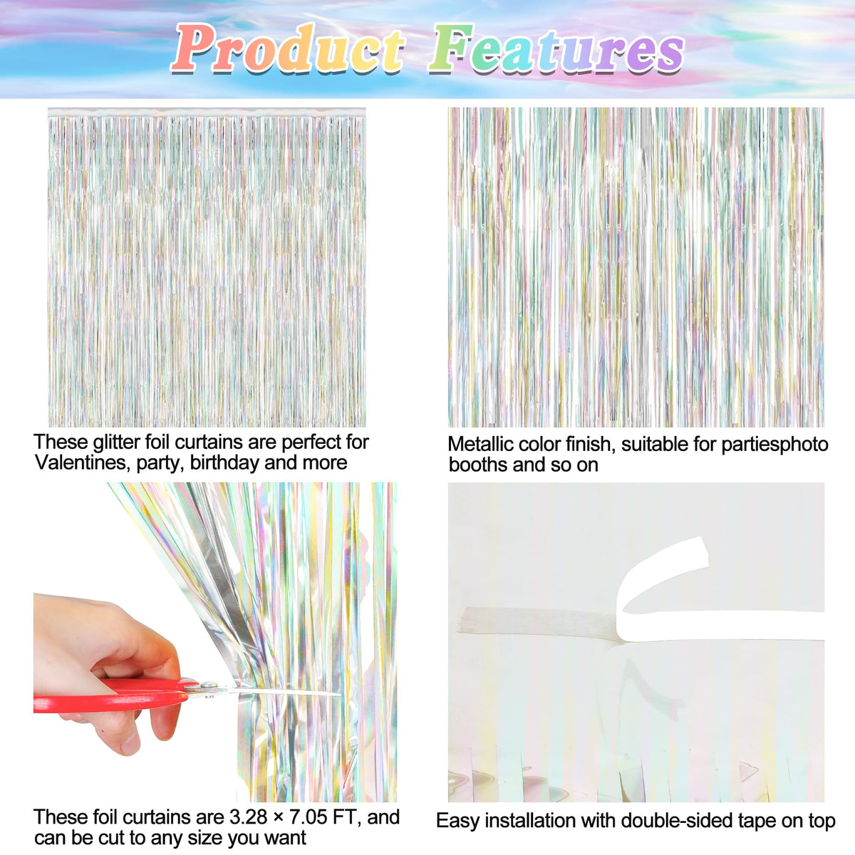 ZATAYE 2 Pack Red Silver Blue Foil Curtain Streamer Decorations