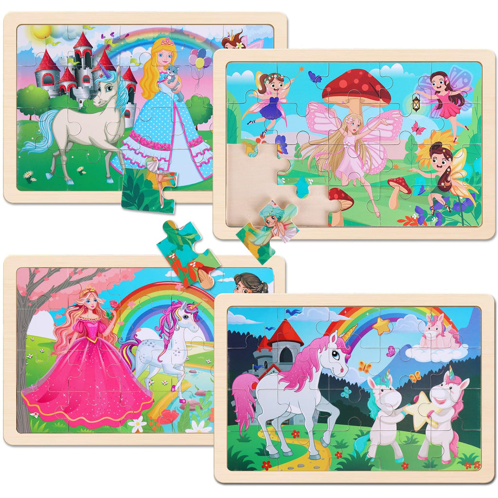 Wooden Educational Jigsaw Puzzles for Preschool Kids Ages 3-5, 4-Pack with 20 Pieces Dinosaur, Space, Transportation Wood Puzzles Set, Kids Brain Teaser Toys, Gifts for Boys Girls Ages 3 4 5 6