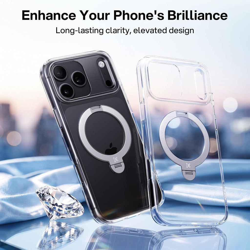 CASEKOO Glitter Clear for iPhone 18 Pro / 17 Pro Case, 360 Spin Stand