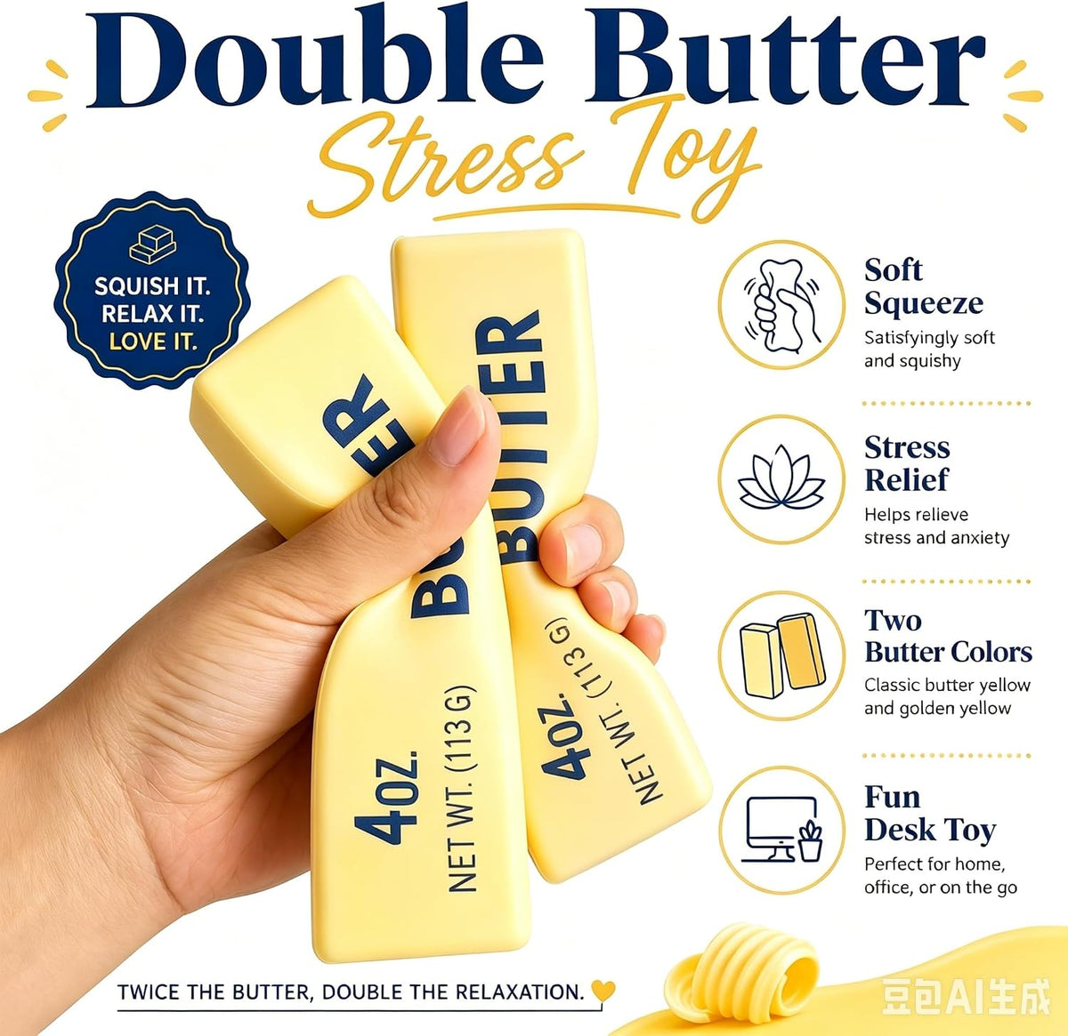 2 PCS Butter Squishy,Butter Squishy Toy, Squishy Fidget Toy, Stress Relief Toy, Soft Squeeze Anxiety Relief Fidget Toy, 4oz Butter-Shaped Squishy Toy for Office Desk Home, Reusable Durable Material