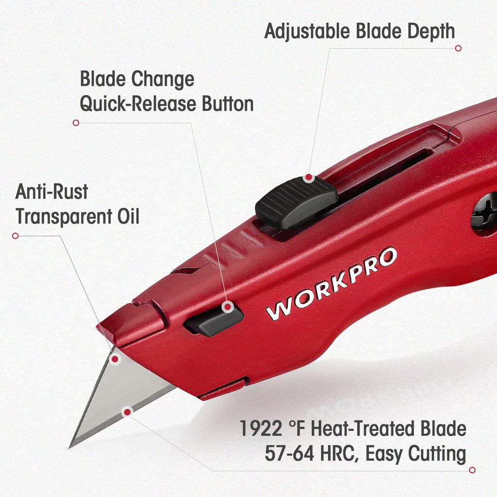 WORKPRO Premium Utility Knife, Retractable All Metal Heavy Duty Box Cutter, Quick Change Blade Razor Knife, with 10 Extra Blades