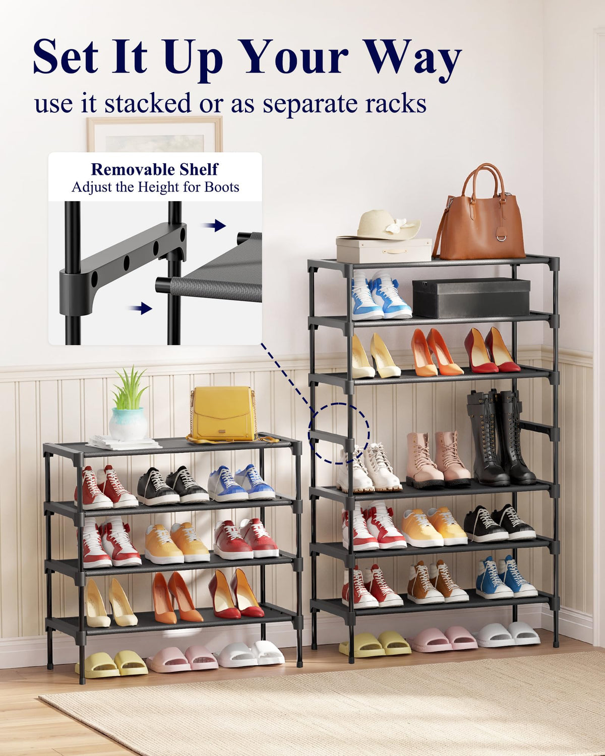 Kitsure Shoe Rack - Non-Woven Shoe Rack Shelf, Shoe Organizer for Closet, Entryway, Garage & Corridor, Stackable Shoe Shelves, 27.5" Wide - 2 Tier, Black