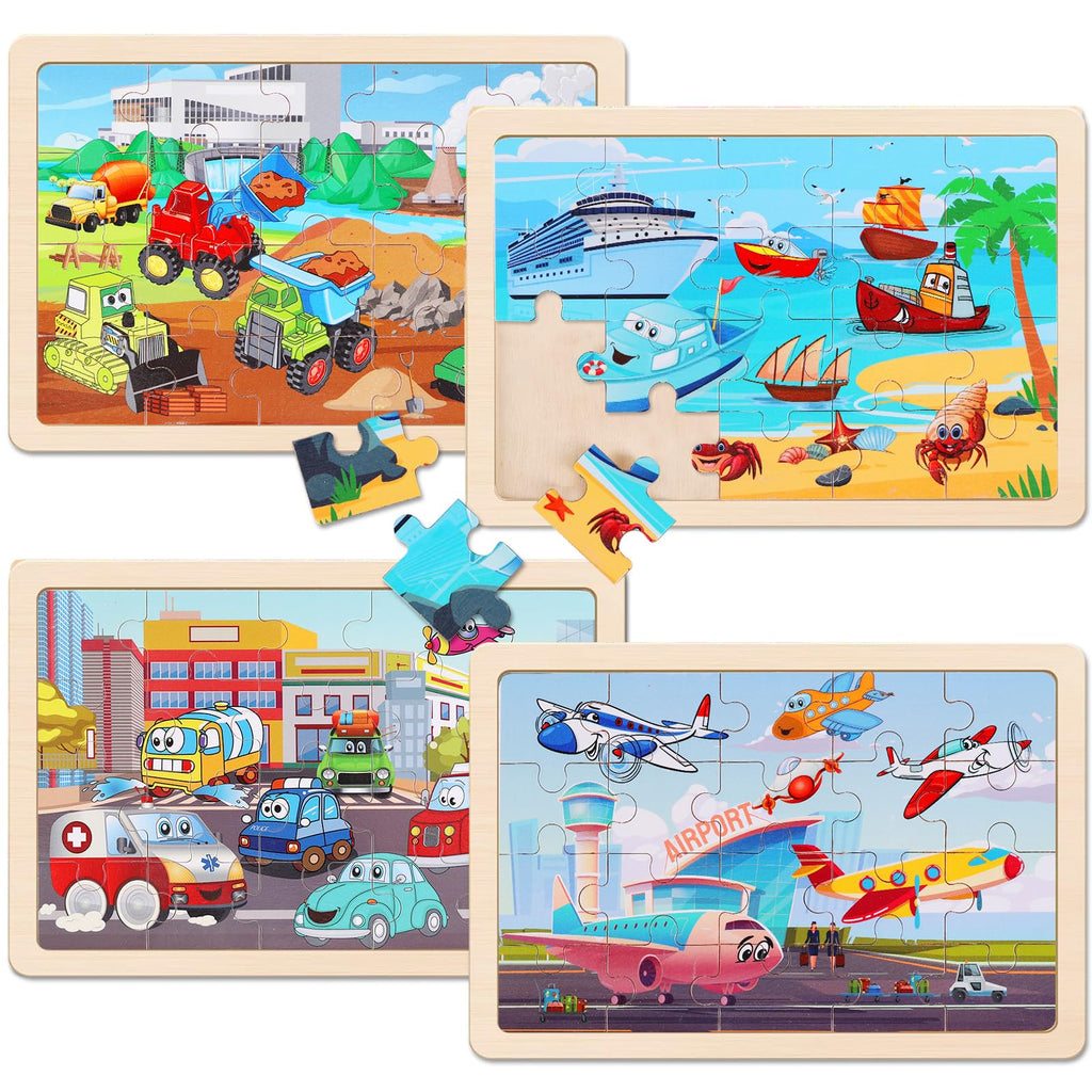 Wooden Educational Jigsaw Puzzles for Preschool Kids Ages 3-5, 4-Pack with 20 Pieces Dinosaur, Space, Transportation Wood Puzzles Set, Kids Brain Teaser Toys, Gifts for Boys Girls Ages 3 4 5 6