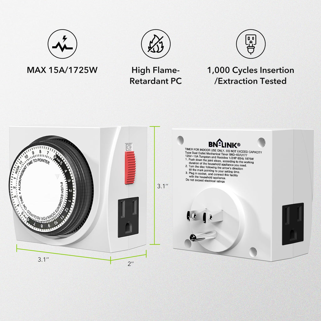 BN-LINK U47 Indoor Mini 24-Hour Mechanical Outlet Timer, 3-Prong, 2-Pack