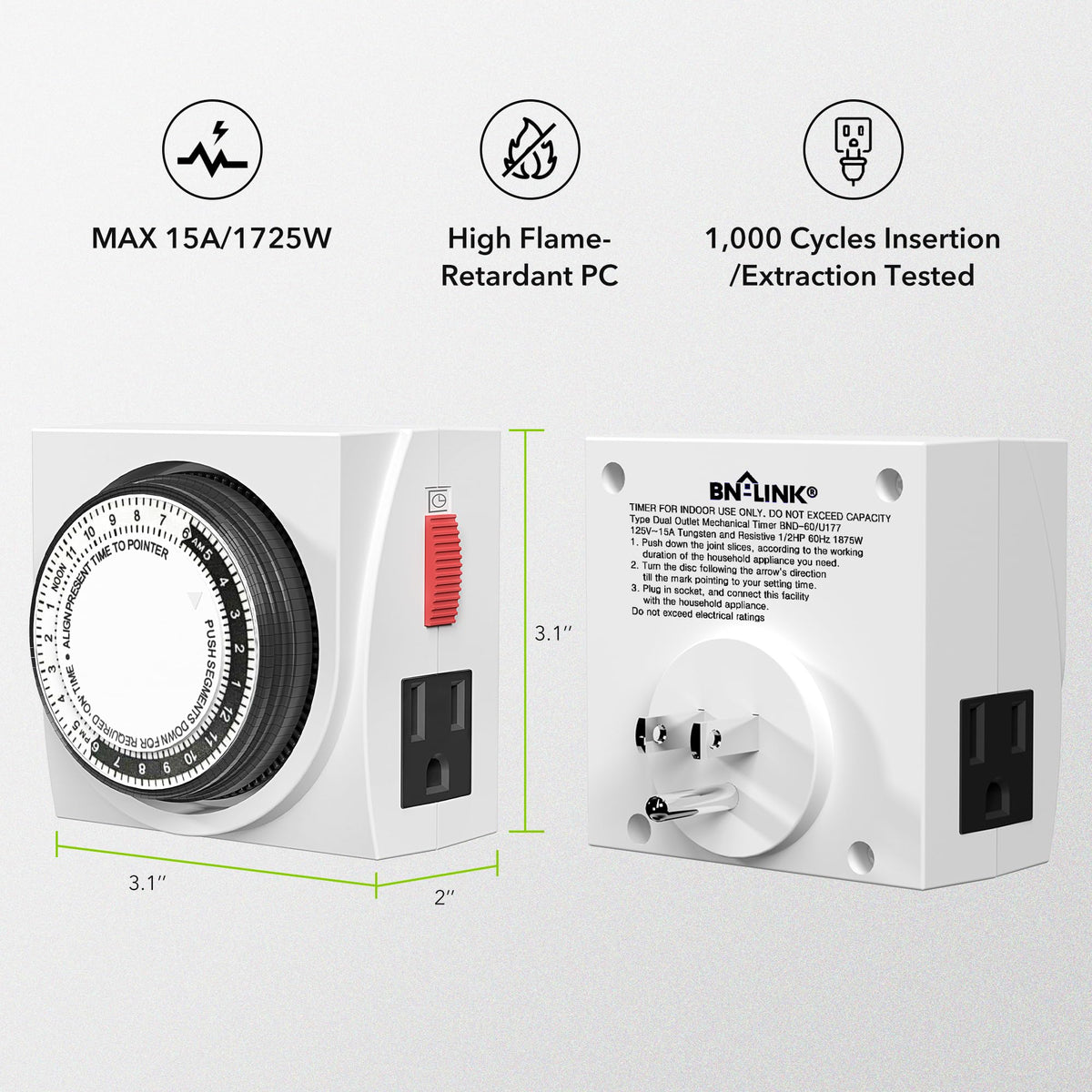 BN-LINK U47 Indoor Mini 24-Hour Mechanical Outlet Timer, 3-Prong, 2-Pack