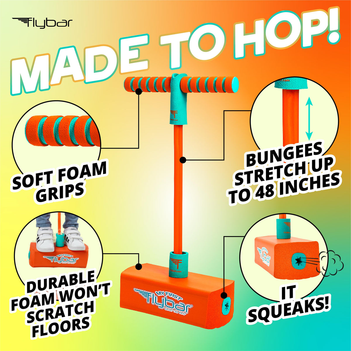 Flybar My First Foam Pogo Jumper for Kids Fun and Safe Pogo Stick, Durable Foam and Bungee Jumper for Ages 3 and up Toddler Toys, Supports up to 250lbs (Blue)