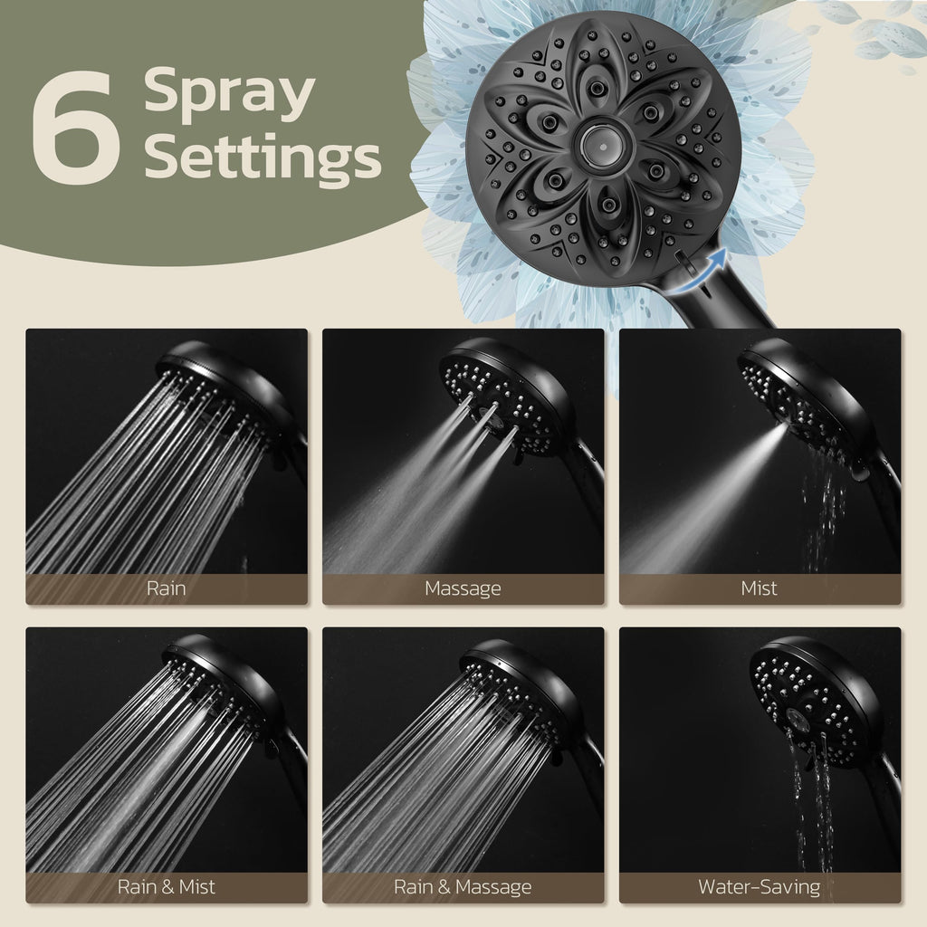 JDO High‑Pressure 6‑Setting Handheld Shower Head, 4.7 Inch Chrome Premium