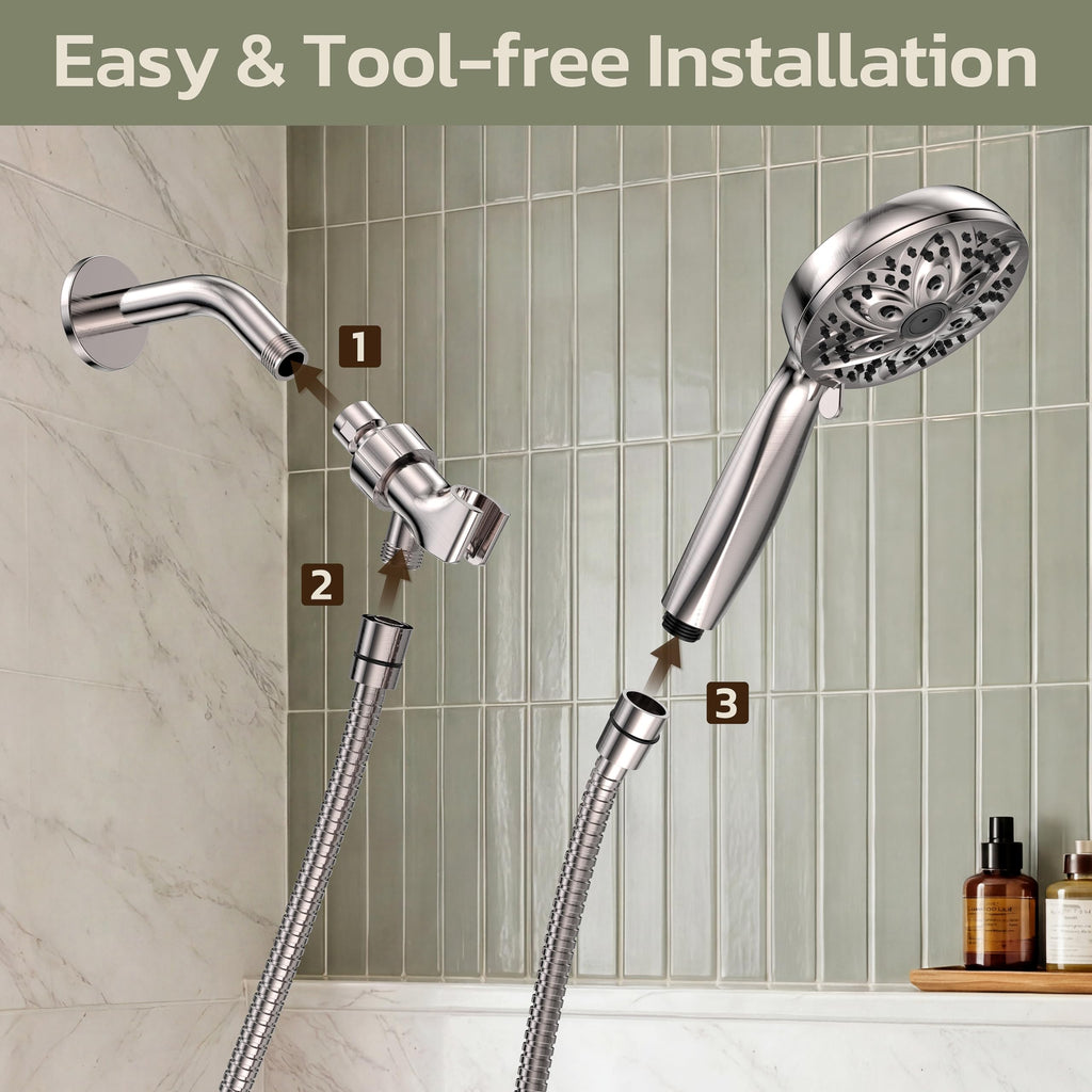 JDO High‑Pressure 6‑Setting Handheld Shower Head, 4.7 Inch Chrome Premium