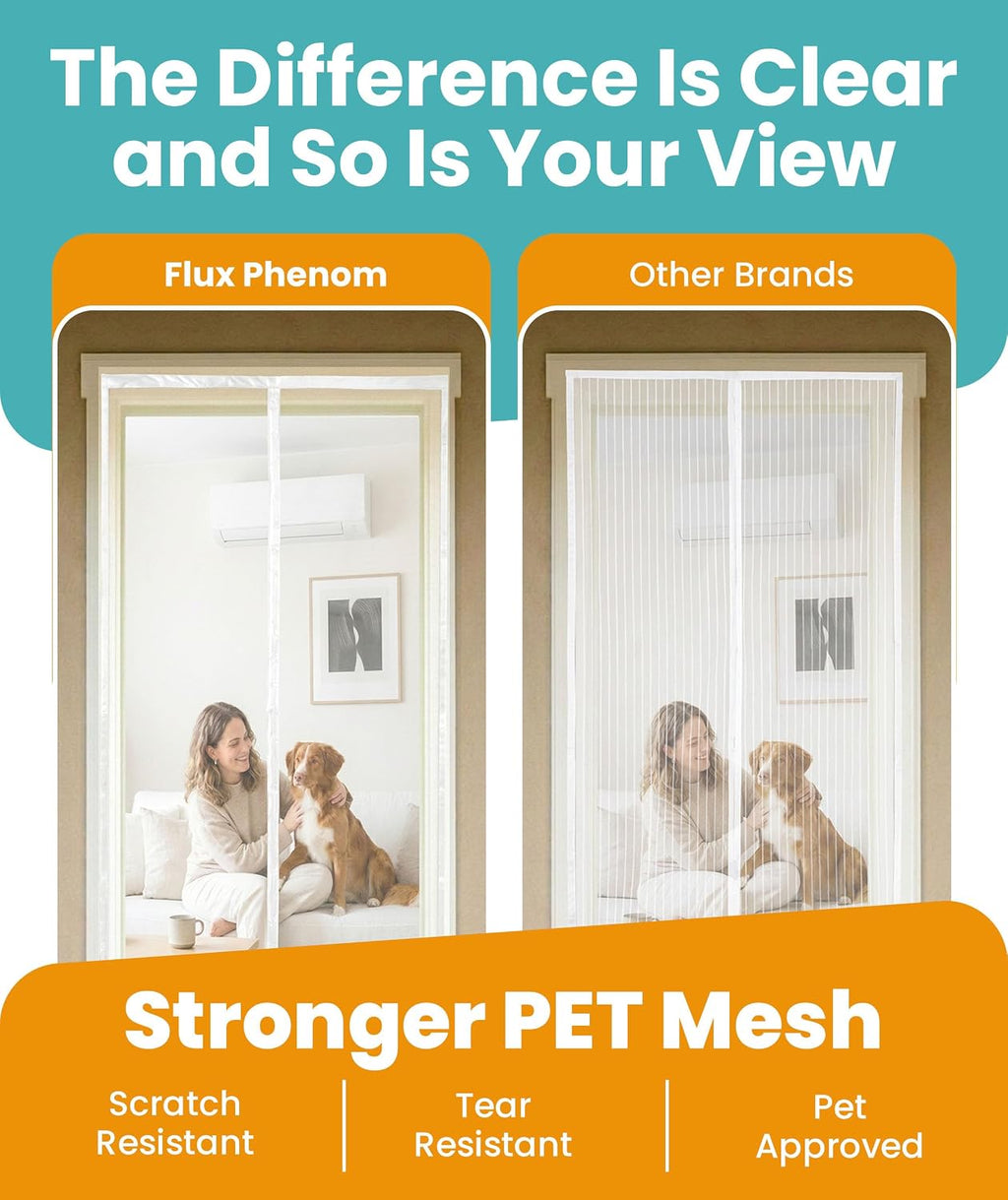 Flux Phenom Magnetic Screen Door (White) - Bugs Out, Breeze in - 9min Install Auto-Sealing Heavy Duty Double Stitched Mesh, 52 Magnets, Hands Free Patio Doors Net, Pet & Kid Friendly, 38 x 82 Inch