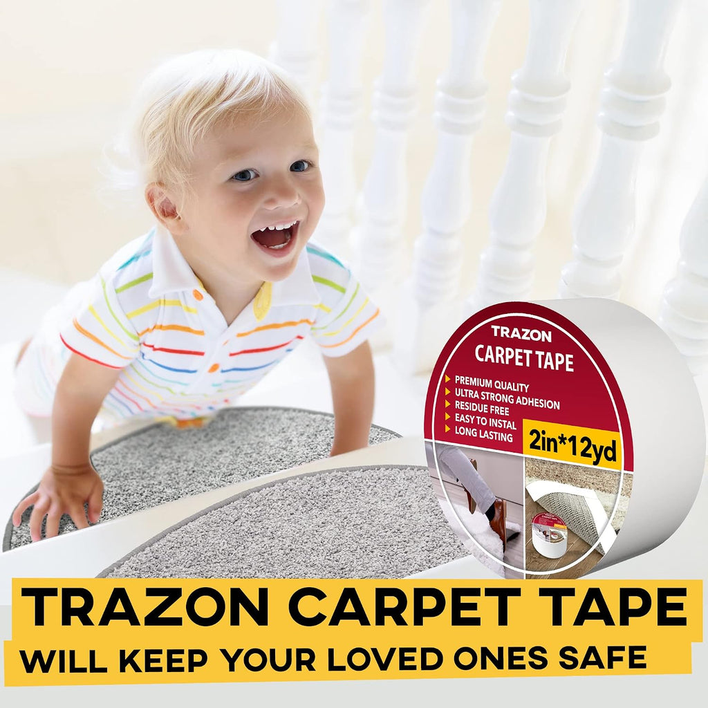 Carpet Tape Double Sided - Rug Tape Grippers for Hardwood Floors and Area Rugs - Carpet Binding Tape Strong Adhesive and Removable, Heavy Duty Stickers Grip Tape, Residue Free (2 Inch / 12 Yards)