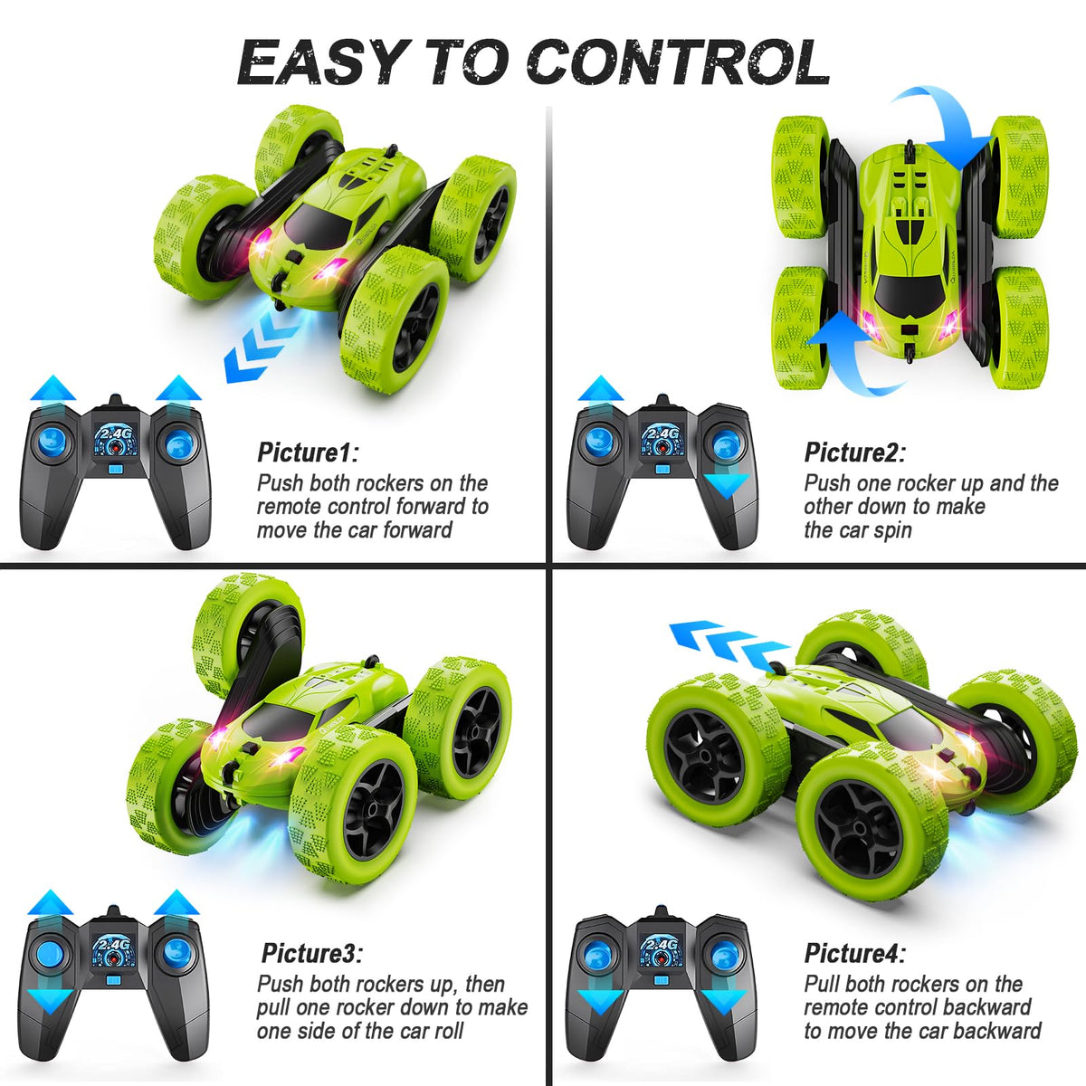 QUNREDA Remote Control Car, RC Cars Toys for Kids Ages 6-12, 4WD Stunt Car with LED Lights & 360° Flips, 2.4GHz, Upgraded USB-C Modular Batteries, 8-10 Year Old Boys Birthday Gift 1-Blue