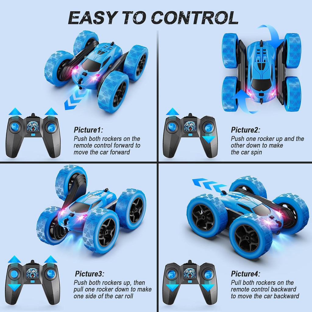 QUNREDA Remote Control Car, RC Cars Toys for Kids Ages 6-12, 4WD Stunt Car with LED Lights & 360° Flips, 2.4GHz, Upgraded USB-C Modular Batteries, 8-10 Year Old Boys Birthday Gift 1-Blue