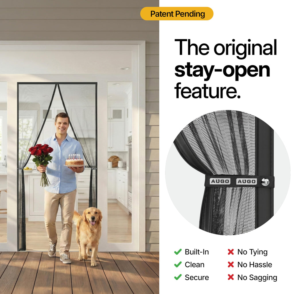 AUGO Magnetic Screen Door - Self Sealing, Heavy Duty, Hands Free Mesh Partition Keeps Bugs Out - Pet and Kid Friendly - Patent Pending Keep Open Feature - 38 Inch x 83 Inch