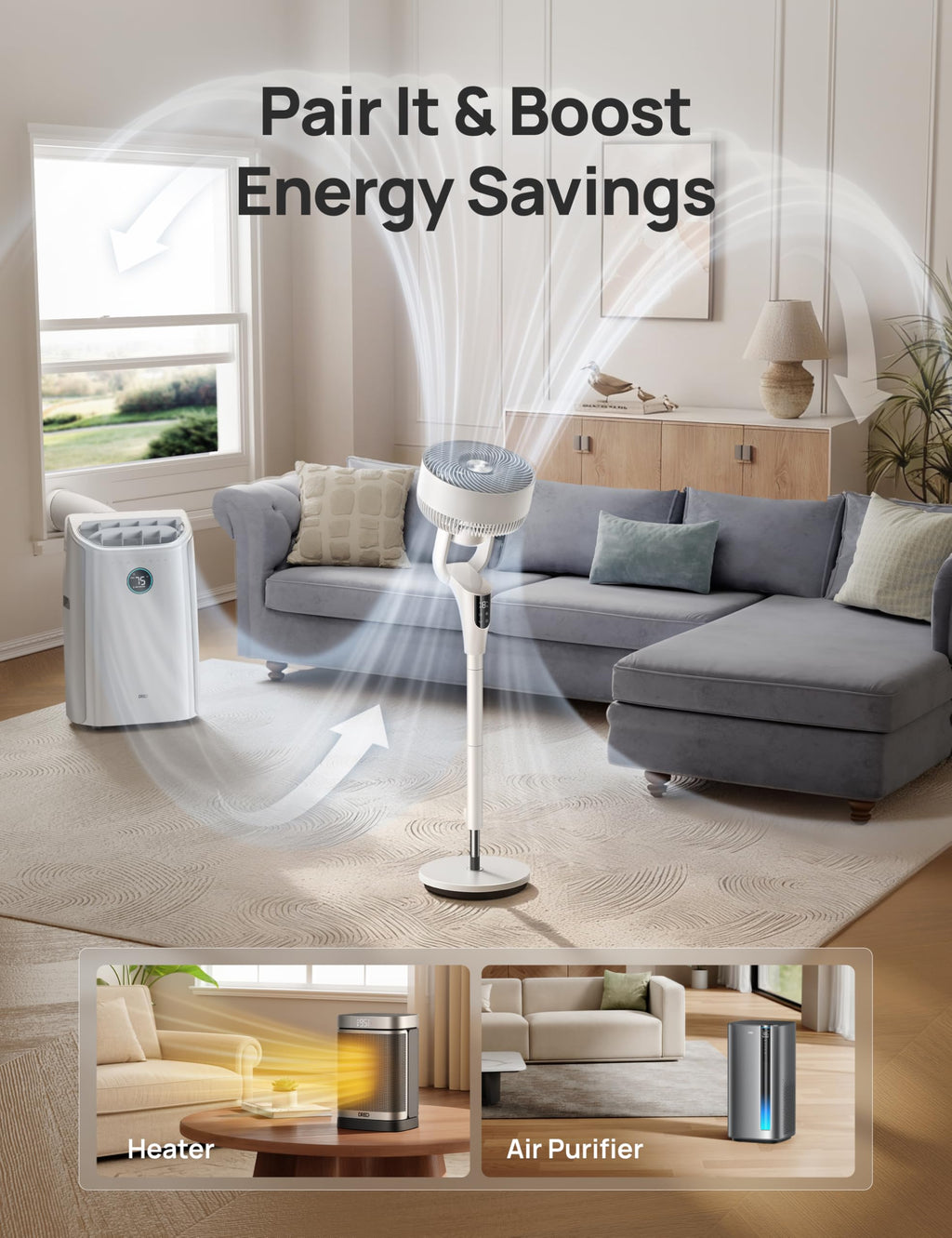 DREO Pedestal Fan for Bedroom, 100ft Airflow, Quiet DC Motor Standing Fan