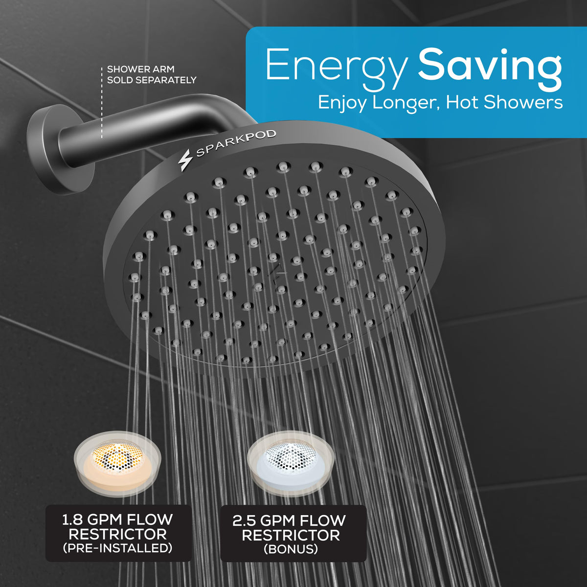 SparkPod Rain Shower Head, 6 Inch Round, Luxury Polished Chrome Finish