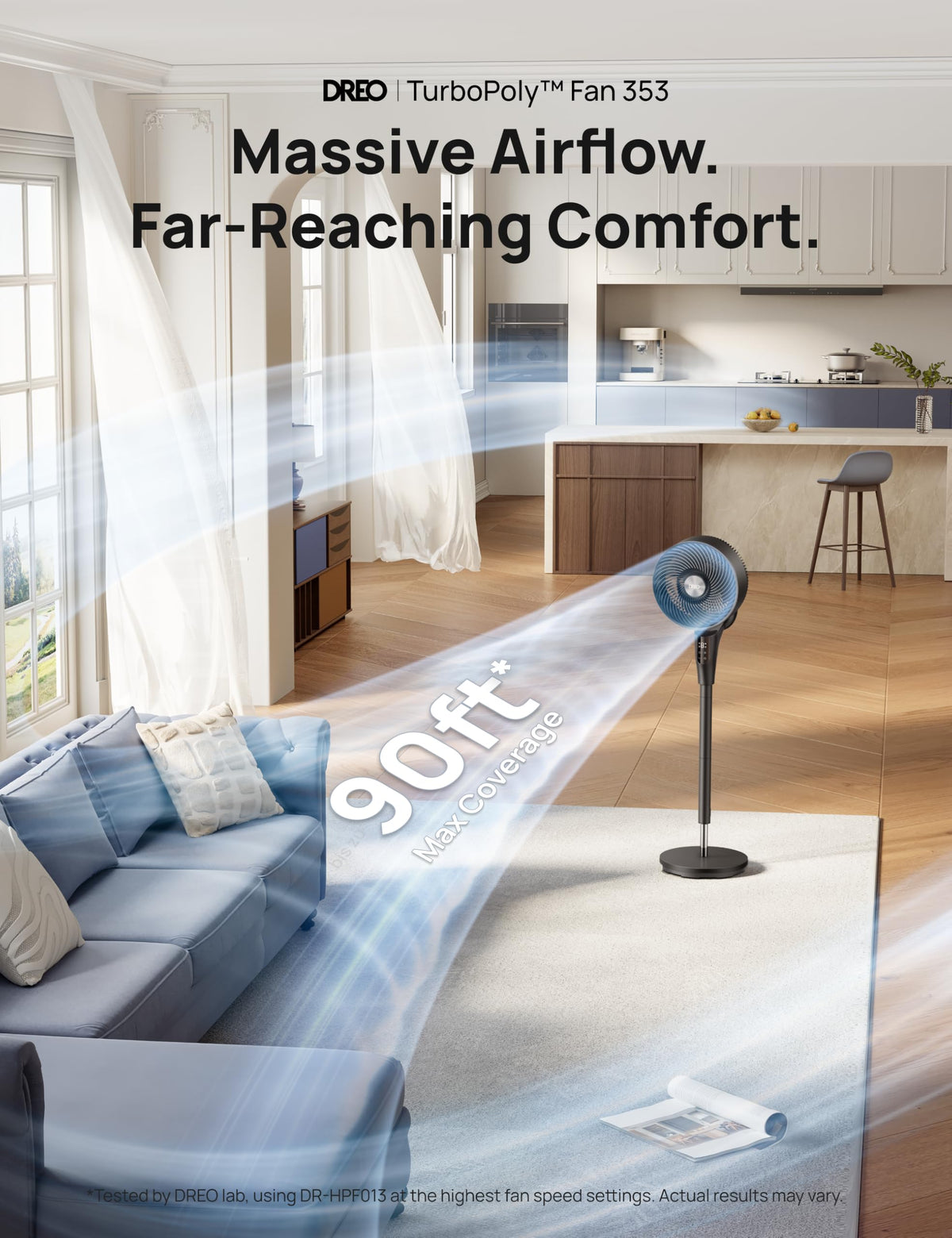 DREO Pedestal Fan for Bedroom, 100ft Airflow, Quiet DC Motor Standing Fan