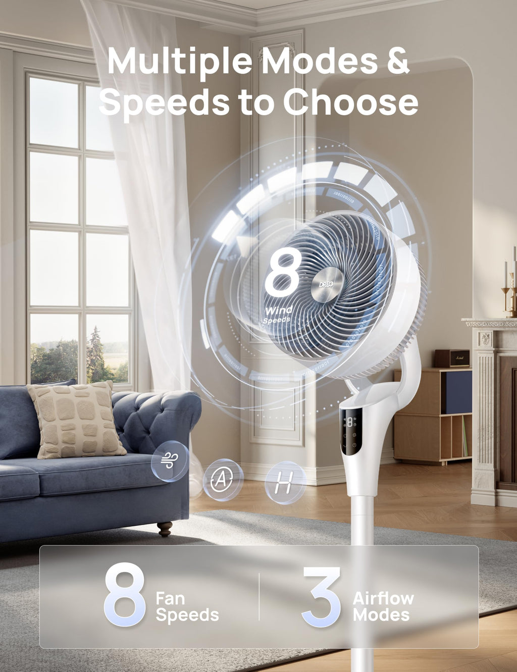 DREO Pedestal Fan for Bedroom, 100ft Airflow, Quiet DC Motor Standing Fan