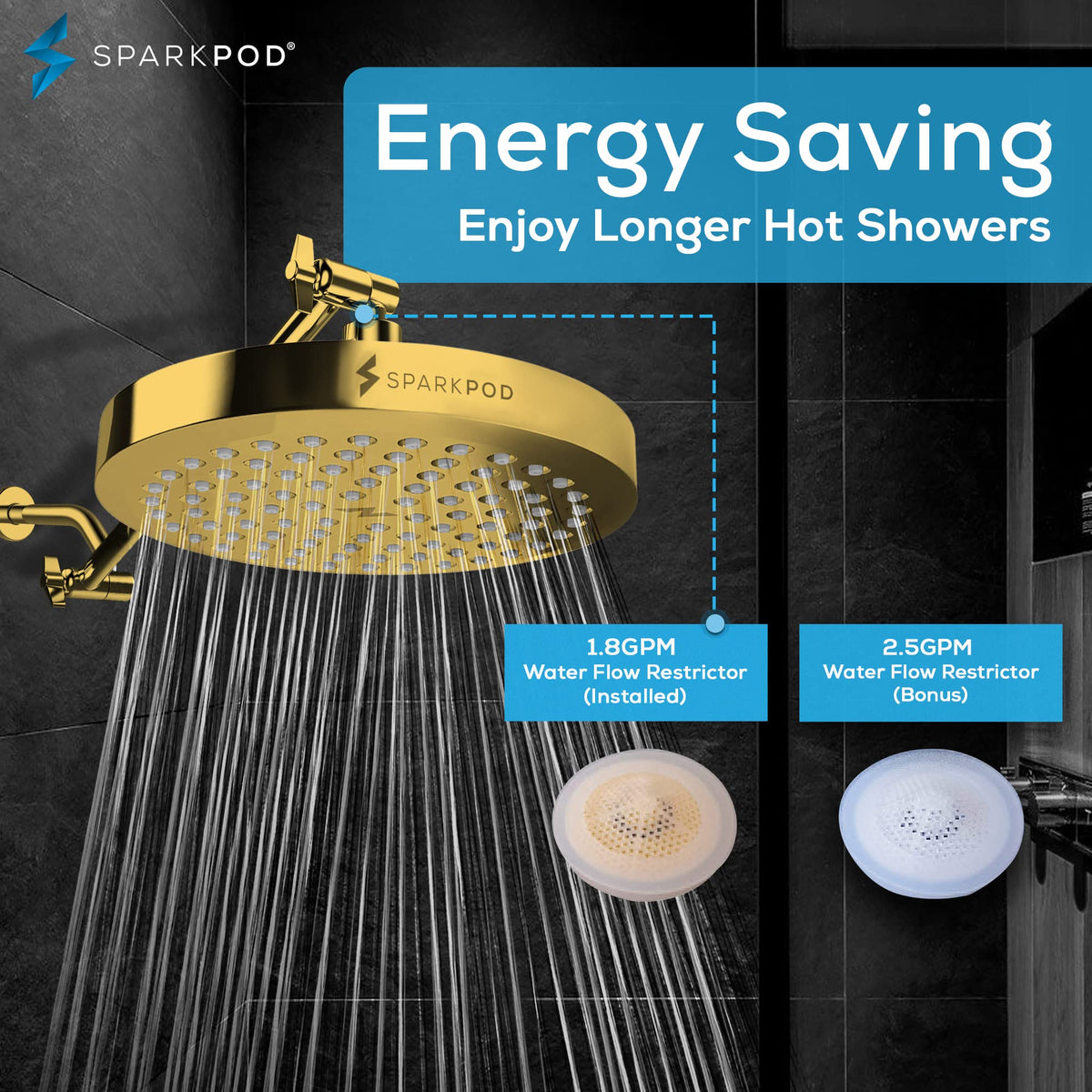 SparkPod Rain Shower Head, 6 Inch Round, Luxury Polished Chrome Finish