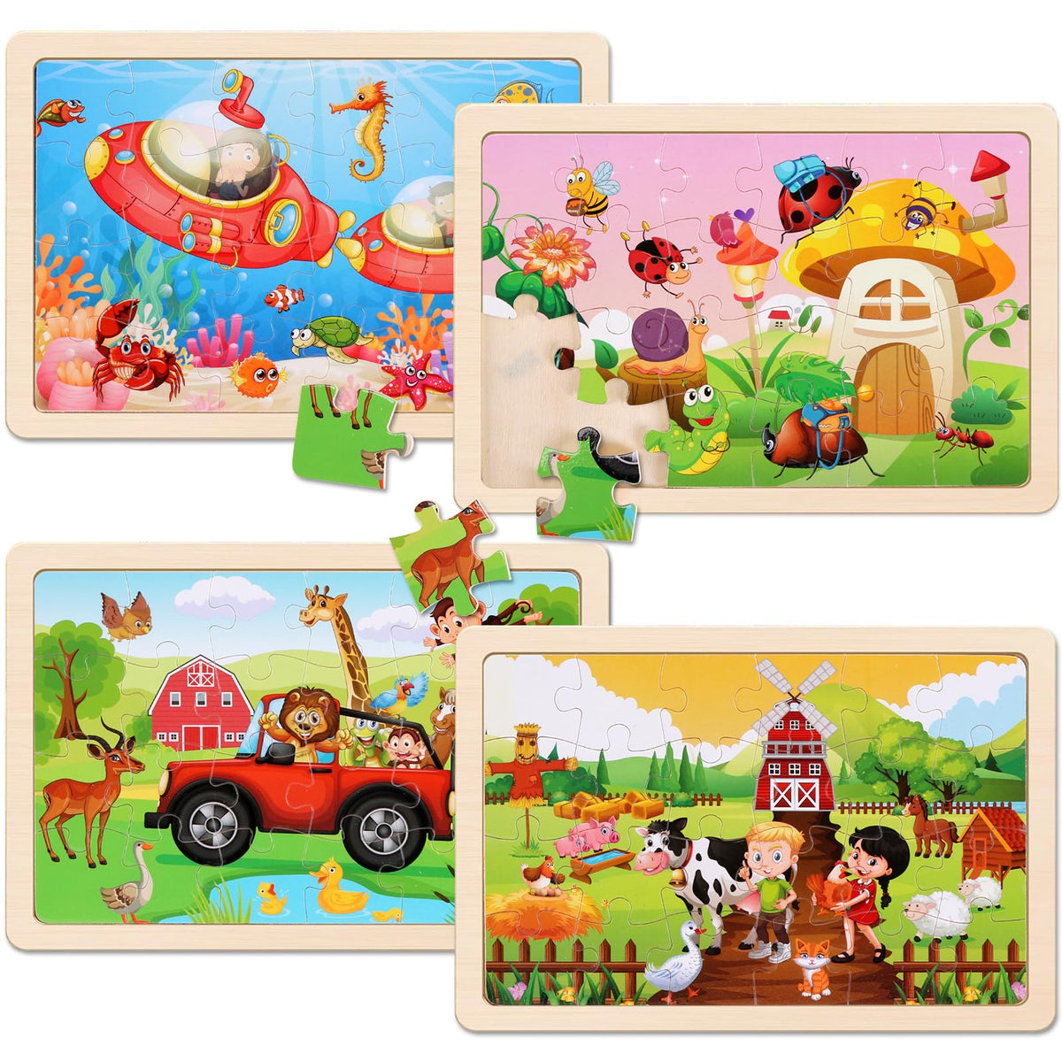 Wooden Educational Jigsaw Puzzles for Preschool Kids Ages 3-5, 4-Pack with 20 Pieces Dinosaur, Space, Transportation Wood Puzzles Set, Kids Brain Teaser Toys, Gifts for Boys Girls Ages 3 4 5 6