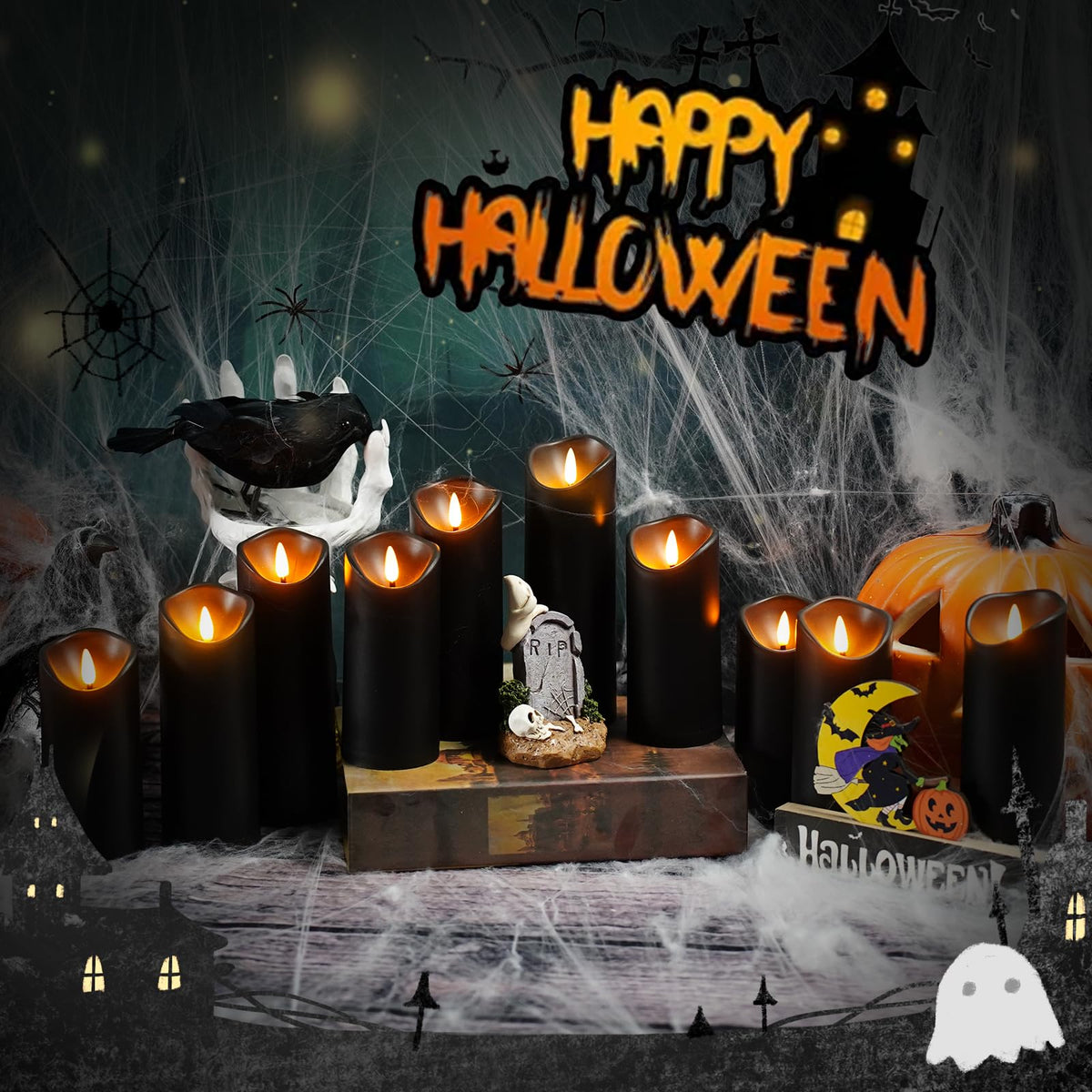 Nimiko Flameless Candles with Remote, Battery Operated Flickering Flameless Candles, LED Candles with Timer 2/4/6/8H, Realistic Drop Wax flameless Candle Set of 9 (D3 x H 3" 4" 5" 6" 7") (Black)