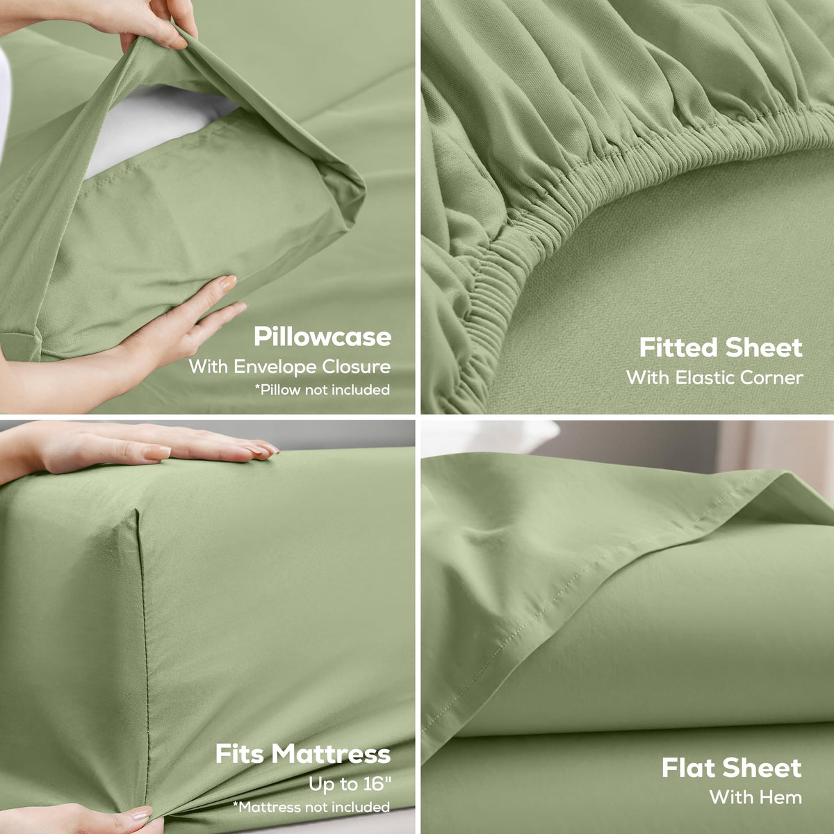 Queen Sheet Set, 4 Pieces 16" Deep Pocket Hotel Luxury Sheets, Heather Sage