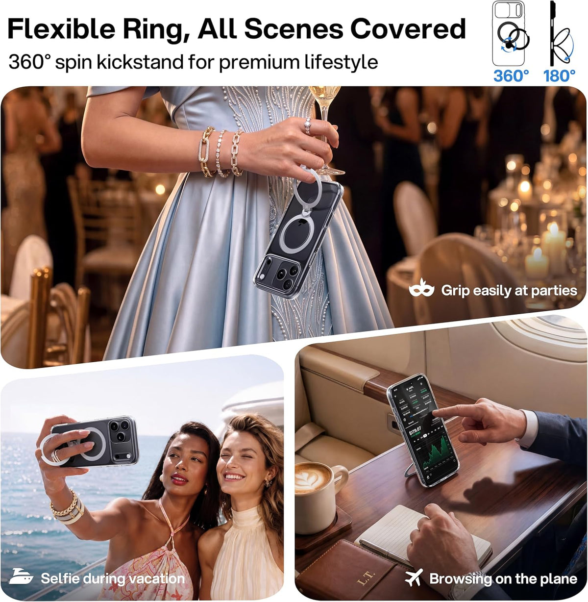 CASEKOO Glitter Clear for iPhone 18 Pro / 17 Pro Case, 360 Spin Stand