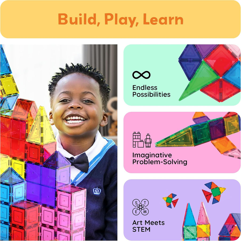PicassoTiles 100 Piece Magnetic Tiles, Clear 3D Building Blocks for Kids 3+