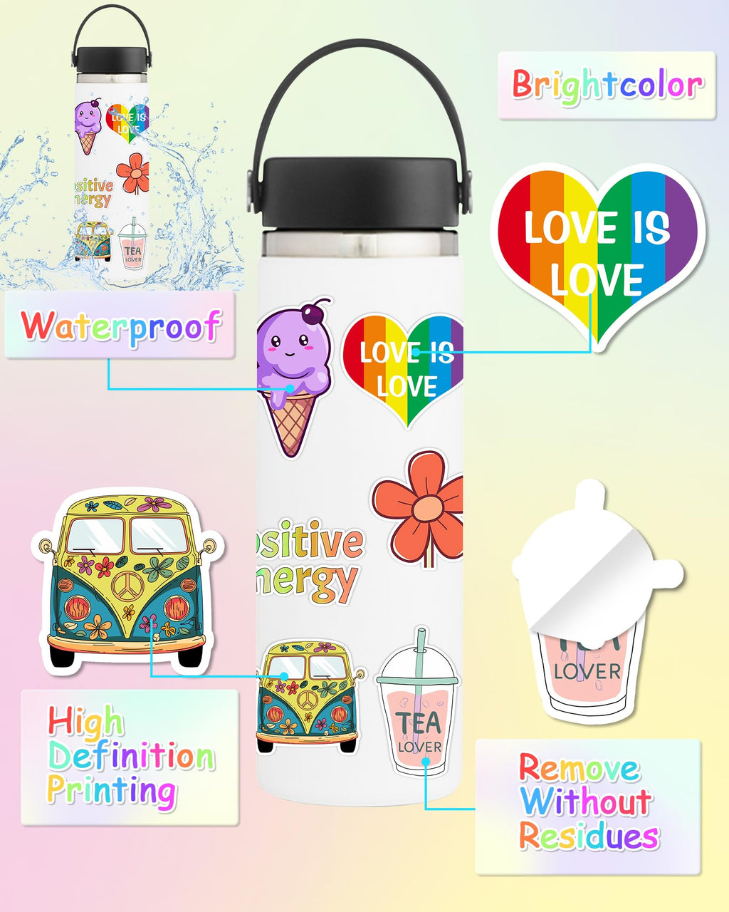 600 Pcs/Pack Water Bottle Stickers for Kids, Cute Vinyl Waterproof Stickers